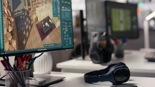 Empty PC workstation shows architectural design software for detailed floor plan and 3D visualization, rendering tools for interior design organization. Professional office environment.