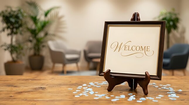 Elegant welcome sign on wooden easel with scattered flower petals in modern office lobby or reception area for hospitality and business greeting.