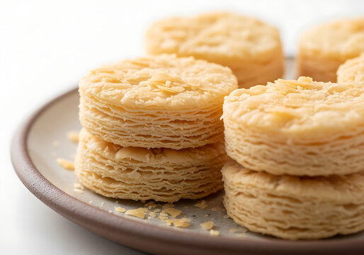 Stack of Crispy Round Layered Puff Pastry Khari Biscuits served as a tea time snack on a ceramic plate over a white background.