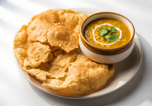Traditional Bengali Breakfast Luchi or Deep Fried Puri served with Savory Chana Dal lentil curry garnished with fresh cilantro in a ceramic bowl on a white plate.