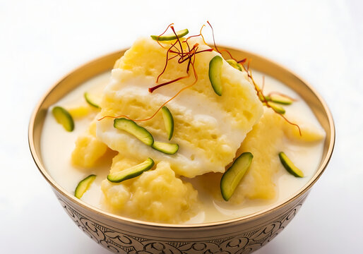 Close up of gourmet rasmalai sweet patties swimming in rich saffron milk garnished with pistachio slices strands of saffron served in decorative metal bowl isolated on white background.