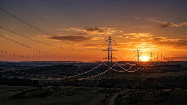 Tall electricity transmission pylons silhouetted against a glowing sunset sky, power cables connecting each pylon and catching warm amber light, dramatic energy infrastructure aesthetic against a