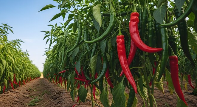 Vibrant red chili peppers growing on lush green plants in a field