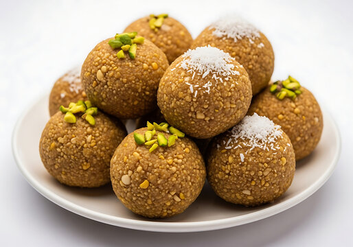 Stacked besan laddu sweet balls garnished with chopped pistachios desiccated coconut served on white ceramic plate isolated on white background stock photo.