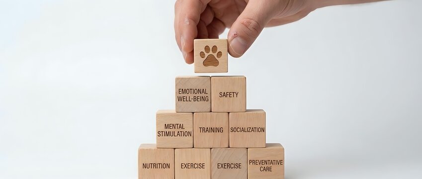 Hand placing wooden block with paw print on pyramid of workplace safety and mental health concept blocks on white background.