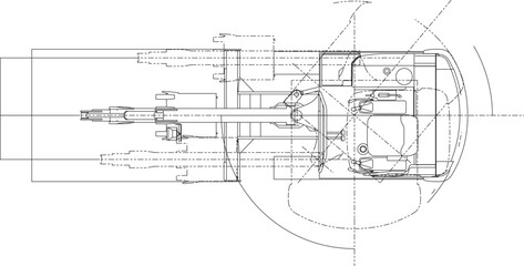Fototapeta premium Technical engineering drawing showing a top-down plan view of a snowmobile vehicle with wireframe details of the chassis, skis, and track system including construction lines.