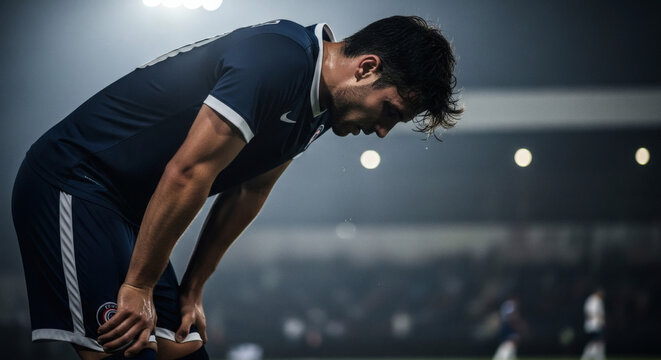 A male athlete in a blue uniform is bent over in exhaustion on a sports field at night