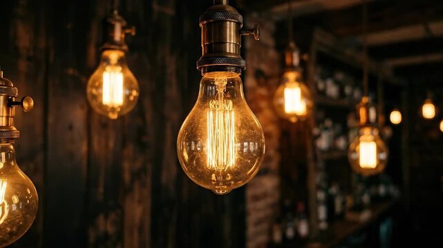 Edison-style filament bulbs hang glowing against a dark background, warm tungsten light illuminating glass and copper details, soft reflections and vintage atmosphere creating depth and warmth, shot