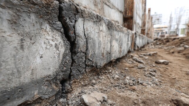 Building foundation wall shows concrete crack damage in construction site near urban area