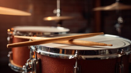 Fototapeta premium Drum set with drumsticks resting on the snare drum ready for performance in a music studio during late afternoon