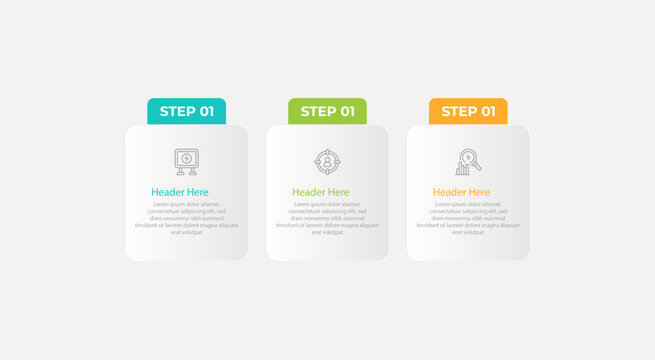 Three steps with icons headers and sample text information.