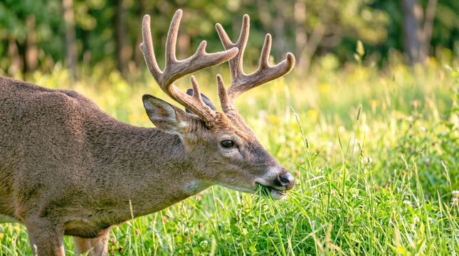 Red Deer Stag Grazing in Meadow With Large Antlers and Woodland Background at Daytime