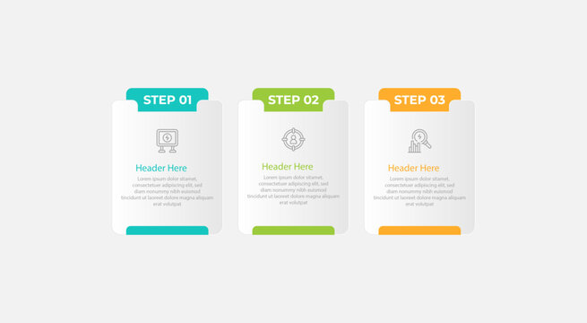 Three steps with icons headers and sample text information.