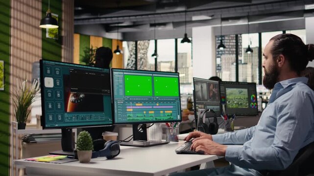 Green screen generative AI text to video with Mars surface footage, man at computer monitors machine learning processes and artificial intelligence systems producing outer space videos.