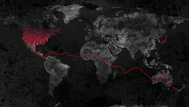 米国発の下落線が世界地図に広がる連鎖不況の経済コンセプト
