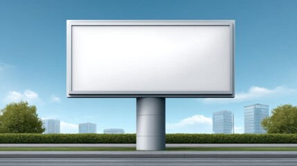 Obraz premium Blank Advertising Billboard on a Busy City Street with Clear Blue Sky and Modern Buildings in the Background