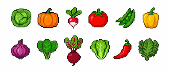 Fototapeta premium Pixel art vegetables icon collection 