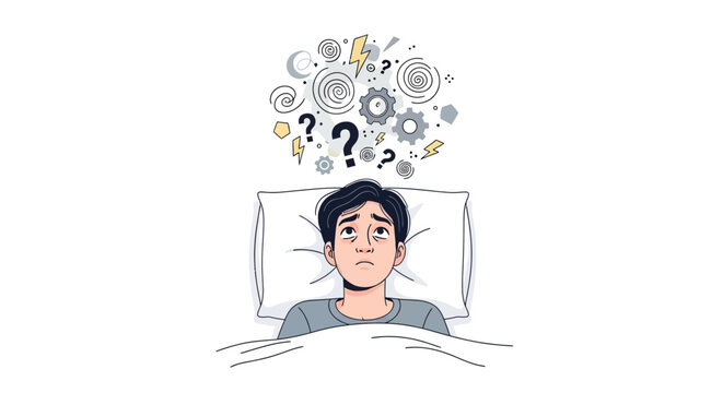 A cartoon man lies awake at night with racing thoughts visualized as swirling question marks and gears above his head, rendered in a flat vector style against a stark white background