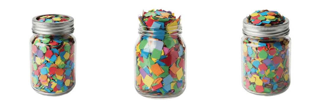 Three Glass Jars Filled With Bright Colorful Paper Confetti Isolated On White Background Celebration Set