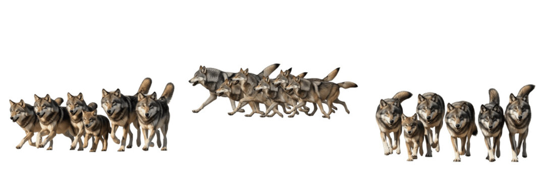 Wild Gray Wolf Pack Action Poses Set Featuring Multiple Wolves Running and Walking on White