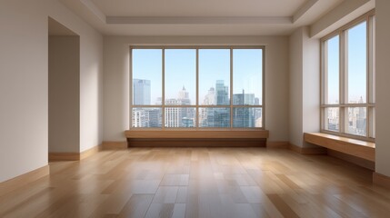 Fototapeta premium Modern minimalist interior design concept showcasing large windows with urban skyline views and natural light flooding an empty room with hardwood floors