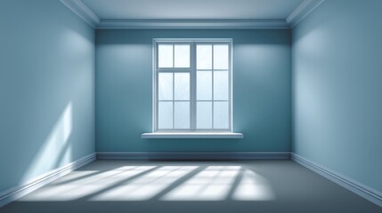 Fototapeta premium Spacious and Bright Empty Room with Blue Walls and Natural Light Streaming Through a Window onto Light Gray Floor