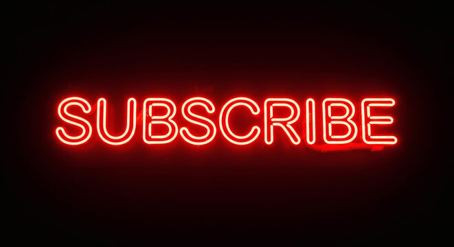 A bright red neon sign that reads subscribe on a dark background