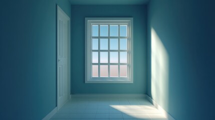 Fototapeta premium Bright and Serene Empty Room with Light Blue Walls and Sunlight Streaming through a Window, Inviting Calmness and Spaciousness for Various Uses