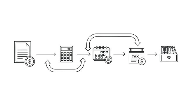 Tax preparation process flowchart vector, accounting workflow icons with calculator and calendar, financial audit and bookkeeping sequence infographic