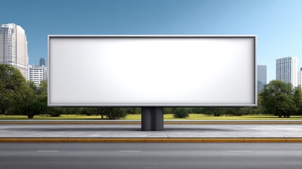 Obraz premium Blank billboard in urban area with modern buildings and green park for advertising space and promotional display in bright daylight