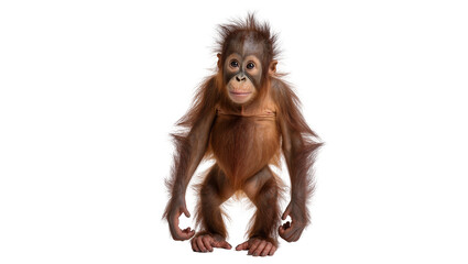 Isolated cute baby orangutan standing full body, furry infant primate with charming expression © Saoirse