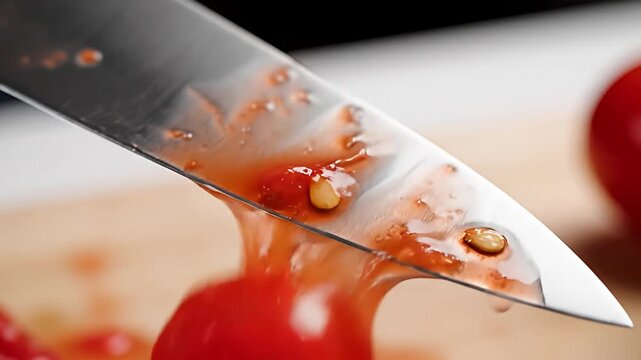 Juicy red tomato half on knife blade with dripping juice