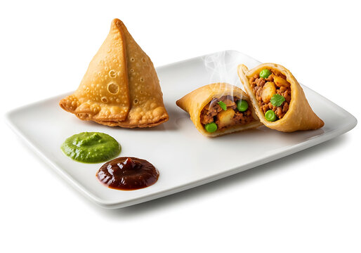 Close up of a split open samosa showing potato and green pea filling, served with spicy chutneys on a white plate. Hot and crispy Indian fried snack, authentic street food photography with steam