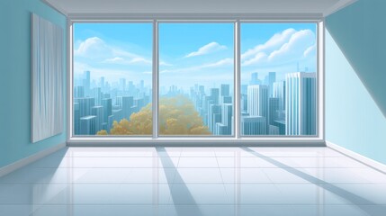 Fototapeta premium Modern Bright Interior with Panoramic City View and Light Sky Displaying Clouds, Ideal for Real Estate, Architecture and Interior Design Themes