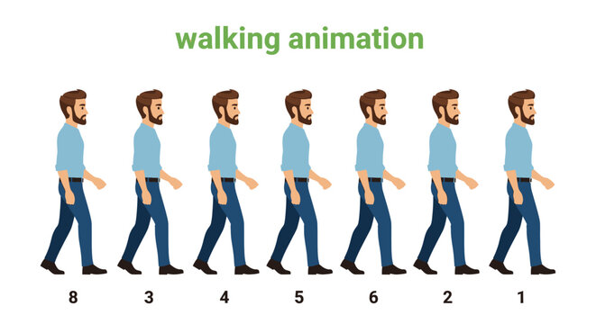 A sequence of eight cartoon figures illustrating a walking animation cycle.