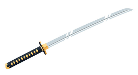 Fototapeta premium A sharp Japanese katana sword with a black handle and gold accents is displayed.