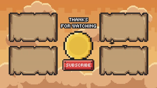 Retro pixel outro with golden circle subscribe button and four panels over warm evening cloudscape Prores 4K 60fps