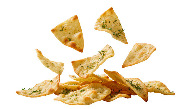 Isolated savory crispy pita chips with herbs falling into a pile, delicious seasoned flatbread snacks.
