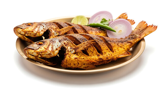 Crispy fried whole Hilsa fish served with onion rings, lemon, and green chili on a golden plate. Traditional Bengali Ilish Maach Bhaja authentic seafood dish from Bangladesh and India isolated on whit