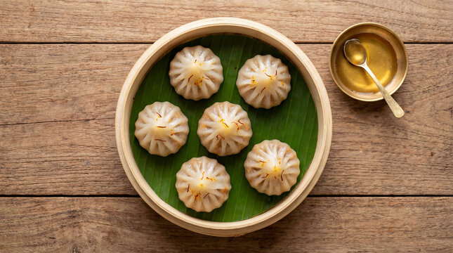Steamed dumplings in a bamboo steamer with a bowl of sauce on a wooden table
