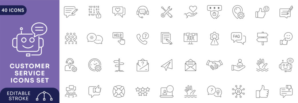 Customer service icon set. customer satisfied, assistance, experience, feedback, operator, technical support . Editable stroke