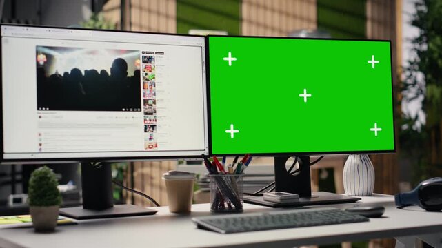 Isolated mockup screen and video streaming on platform in empty agency office, content and green screen on dual monitors. Entertainment materials within social network, user engagement.