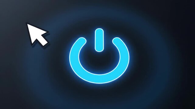 A computer cursor clicks on a power button icon on a dark background, symbolizing shutdown or startup.