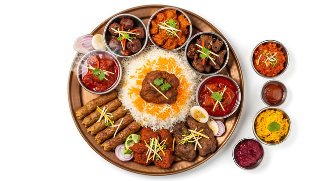 Overhead view of a comprehensive Indian thali platter with rice, assorted meat curries, kebabs, and side dishes on a wooden tray.