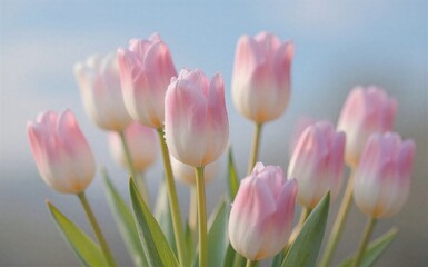 Fototapeta premium Pink and white tulips bloom gracefully in a soft sunlit garden.