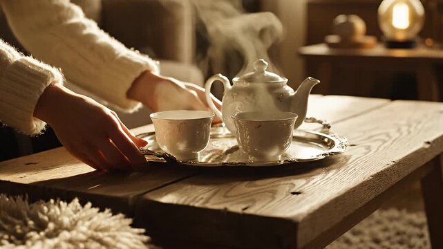 Person serving steaming tea on tray to rustic wooden table
