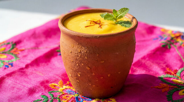 A clay cup filled with a vibrant yellow drink, garnished with a sprig of mint and saffron threads, on a colorful pink fabric