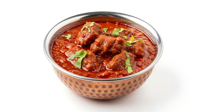  Rich mutton or beef curry in traditional indian copper handi bowl garnished with cilantro on white background spicy meat gravy authentic asian cuisine