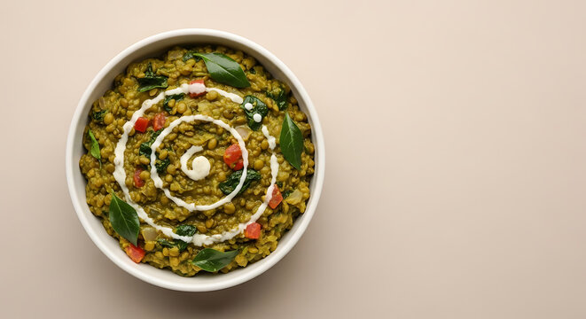 Nutritious spinach and lentil dal palak with cream garnish in white bowl on beige background healthy vegetarian indian curry meal high protein plant based diet