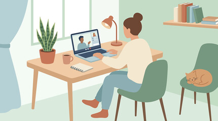 Fototapeta premium Woman working remotely from her home office, engaged in an online video call on her laptop. Flat illustration depicting digital communication, remote work, and a modern work-life balance